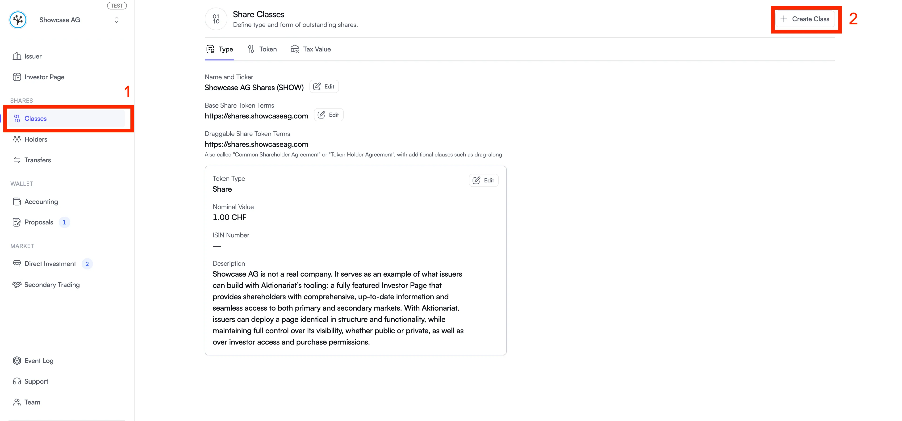 Classes tab with Create Class button