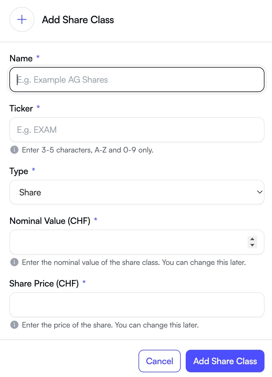 Add Share Class form