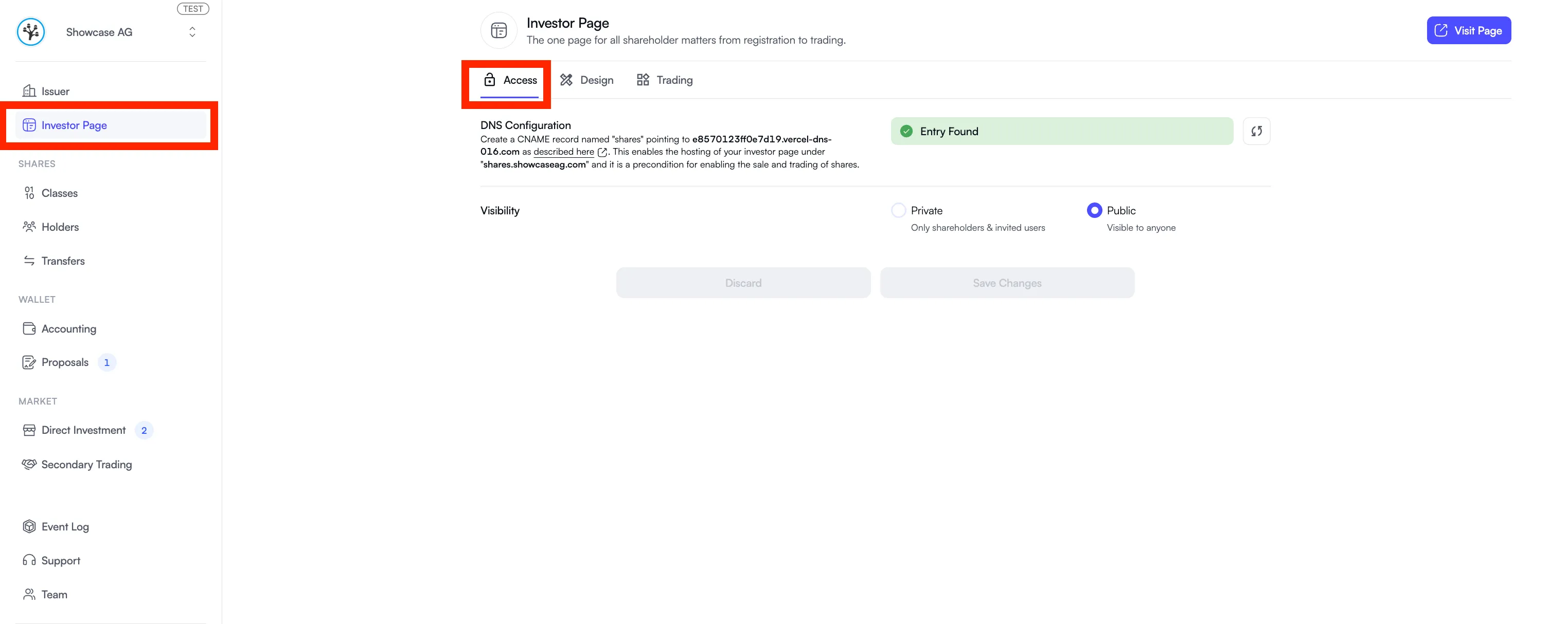 Vérification du DNS de la Page Investisseur et paramètres de visibilité