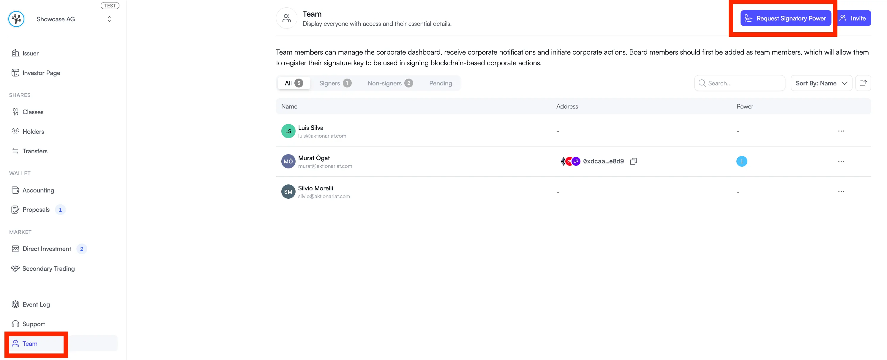 Request Signatory Power button in the Team tab