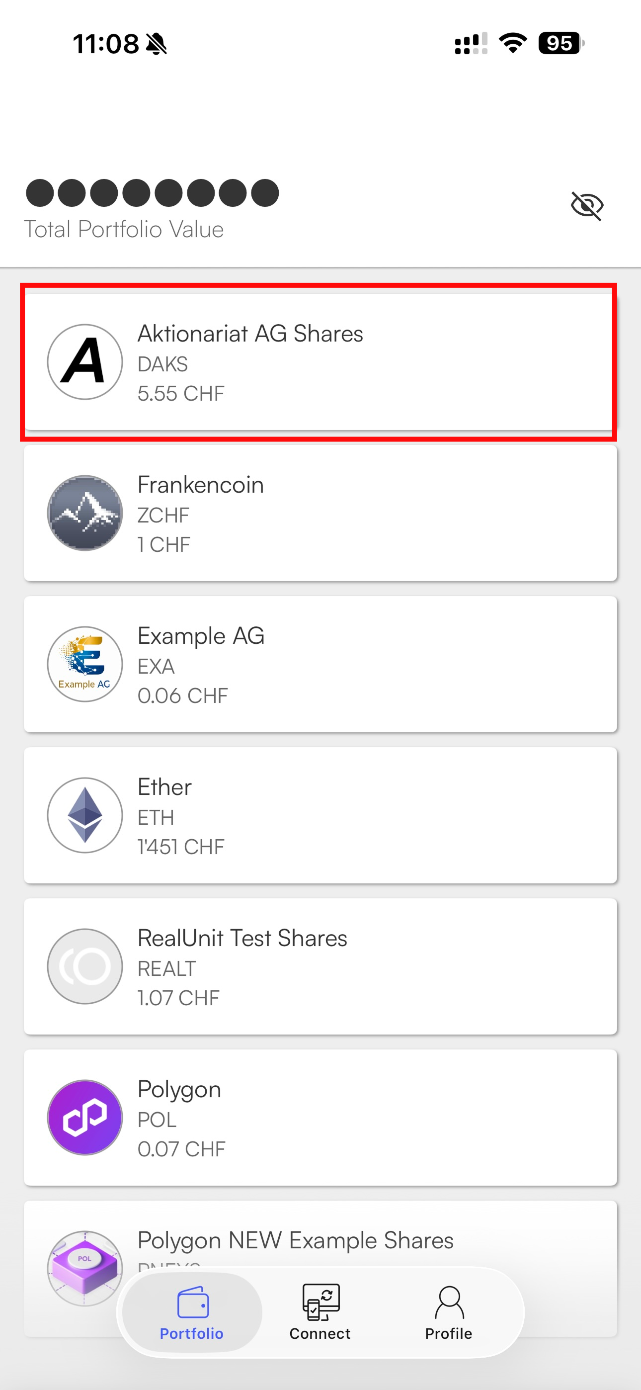 Select asset in Portfolio App